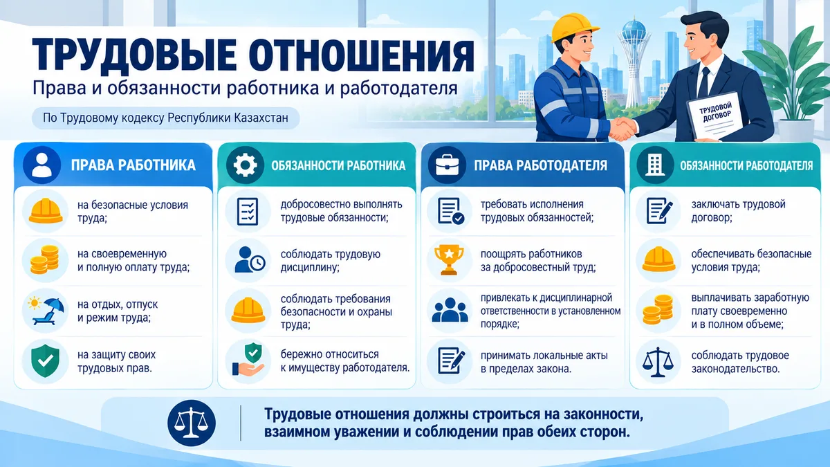Работник и работодатель обмениваются рукопожатием, символизируя трудовые отношения и законы Казахстана.
