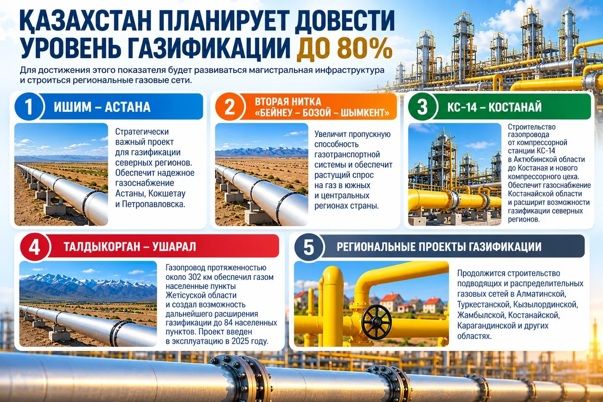 Схема магистральных газопроводов на карте Казахстана, символизирующая план газификации страны