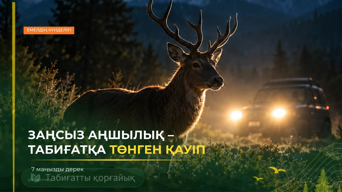 Символическое изображение ружья и диких животных, представляющее тему охоты и необходимость защиты природы в Казахстане.