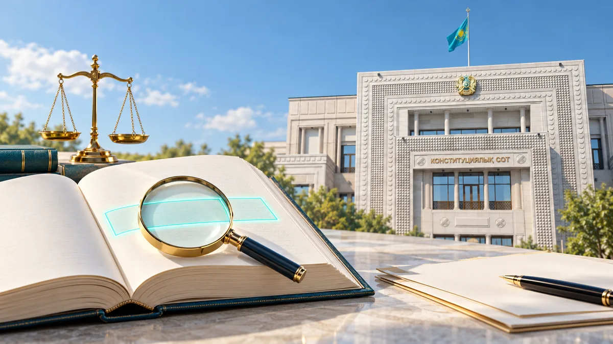 Символическое изображение весов правосудия на фоне здания Конституционного Суда Казахстана, подчеркивающее защиту прав.