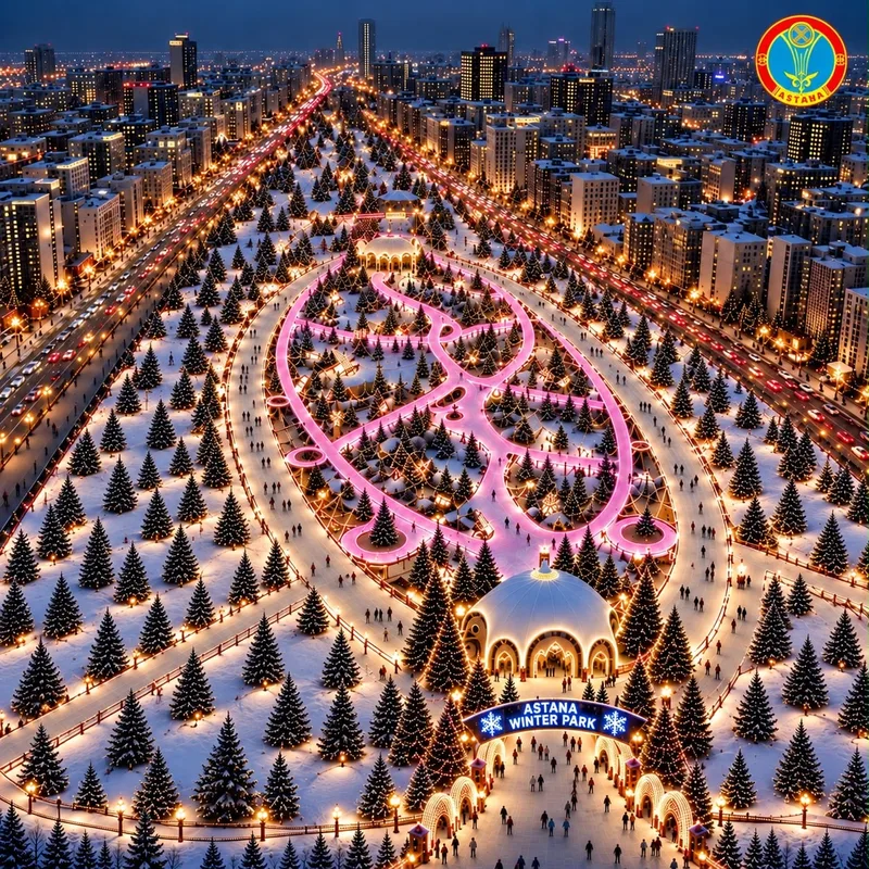 Вид на длинный ледовый каток ASTANA WINTER PARK / MEGAICE в Астане, окруженный праздничным освещением и деревьями, готовящийся к открытию 15 ноября.