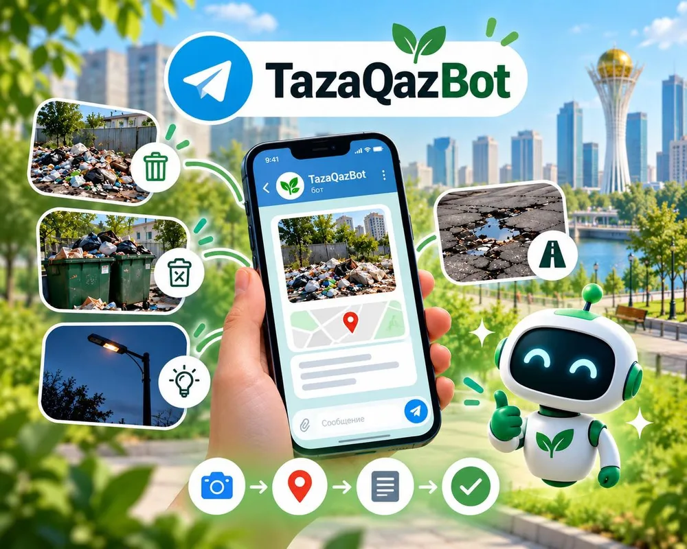 Человек использует смартфон для отправки сообщения в чат-бот TazaQazBot, чтобы сообщить о проблеме с благоустройством города, на фоне городского пейзажа.